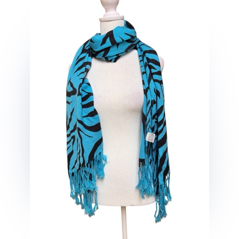 Turquoise & Black Zebra Print Fringe Scarf | Lightweight Acrylic Wrap